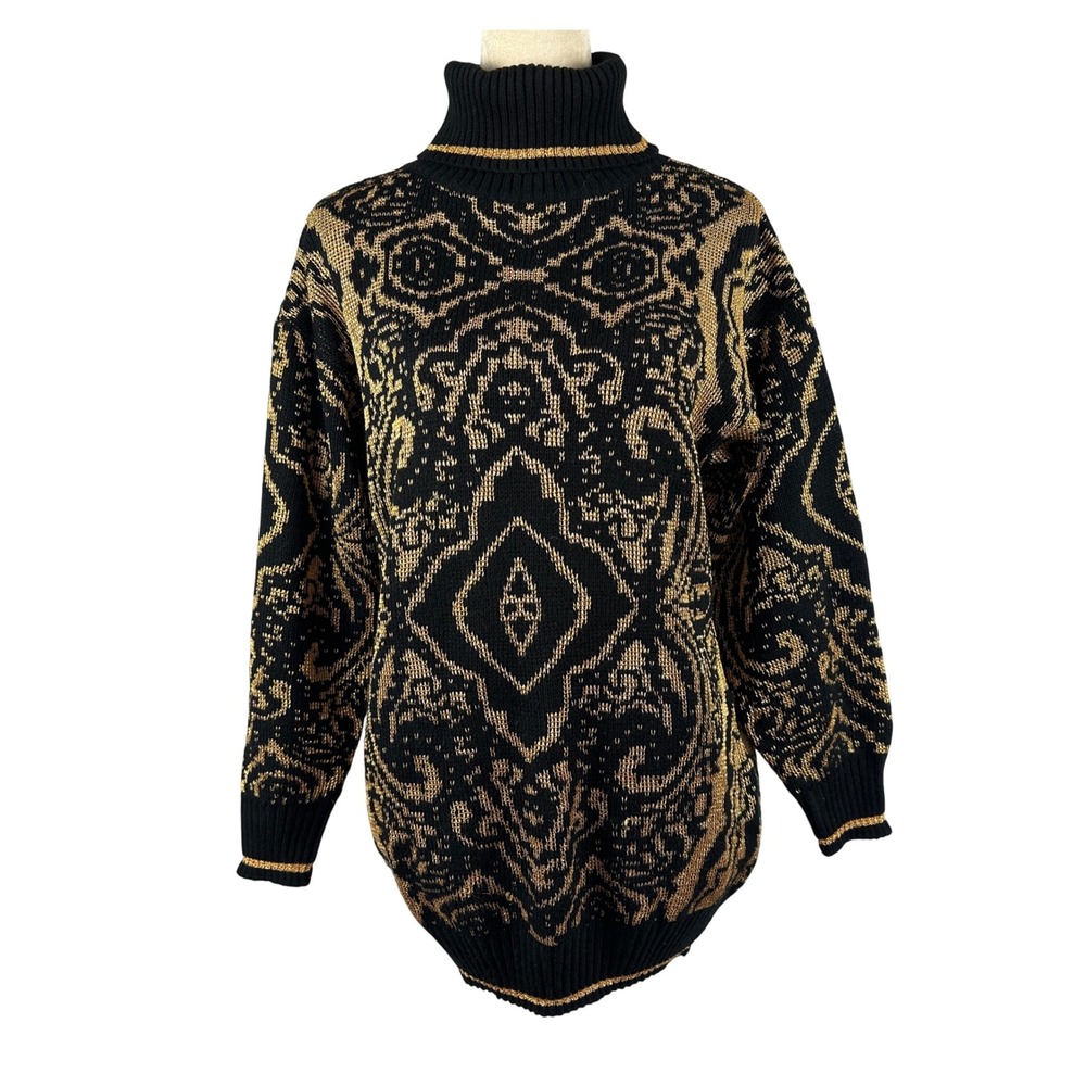 Vintage 80's Pronto Moda Gold Metallic Knit Turtleneck Sweater‎ Women Small